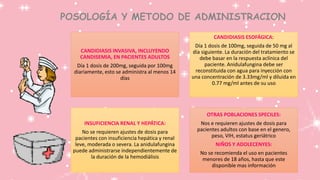CANDIDIASIS INVASIVA, INCLUYENDO
CANDISEMIA, EN PACIENTES ADULTOS
Día 1 dosis de 200mg, seguida por 100mg
diariamente, esto se administra al menos 14
días
CANDIDIASIS ESOFÁGICA:
Día 1 dosis de 100mg, seguida de 50 mg al
día siguiente. La duración del tratamiento se
debe basar en la respuesta aclínica del
paciente. Anidulafungina debe ser
reconstituida con agua para inyección con
una concentración de 3.33mg/ml y diluida en
0.77 mg/ml antes de su uso
INSUFICIENCIA RENAL Y HEPÁTICA:
No se requieren ajustes de dosis para
pacientes con insuficiencia hepática y renal
leve, moderada o severa. La anidulafungina
puede administrarse independientemente de
la duración de la hemodiálisis
OTRAS POBLACIONES SPECILES:
Nos e requieren ajustes de dosis para
pacientes adultos con base en el genero,
peso, VIH, estatus geriátrico
NIÑOS Y ADOLECENYES:
No se recomienda el uso en pacientes
menores de 18 años, hasta que este
disponible mas información
 