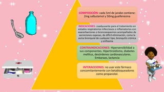 COMPOSICIÒN: cada 5ml de jarabe contiene:
2mg salbutamol y 50mg guaifenesina
INDICACIONES: coadyuvante para el tratamiento en
estados respiratorios infecciosos o inflamatorios con
exacerbaciones o broncoespasmos acompañados de
secreciones espesas, de difícil eliminación, como la
asma bronquial de cualquier tipo, bronquitis crónica
y enfisema
CONTRAINDICACIONES: Hipersensibilidad a
sus componentes. Hipertiroidismo, diabetes
mellitus, desórdenes cardiovasculares.
Embarazo, lactancia
INTERACCIONES: no usar este fármaco
concomitantemente con betabloqueadores
como propanolol.
 