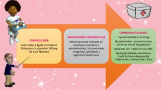 COMPOSICION:
Cada tableta 1g de secnidazol.
Polvo para suspensión 500mg
de este fármaco
INDICACIONES TERAPÈUTICAS
Selectivamente indicado en
amebiasis intestinal y
extraintestinal, tricomoniasis
urogenital, giardiasis y
vaginoisis bacteriana.
CONTRAINDICACIONES:
Hipersensibilidad a la droga
No administrar durante los tres
primeros meses de gestación
Pacientes con trastornos con SNC
No ingerir bebidas alcohólicas
hasta 24 horas después del
tratamiento, menores de 2 años
 