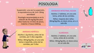 Suspensión: una vez la suspensión,
la equivalencia es de 1ml= 30mg
secnidazol
Posología recomendada es en la
relación de 30 mg/kg/día para
niños hasta los 15 kilos de pesos,
máximo 1 frasco=500mg
AMEBIASIS INTESTINAL AGUDA
Adultos: 2 tabletas, en una sola
toma, antes de las comidas.
Niños: mayores de 2 años:
30mg/kg/día, en dosis única, en u n
solo día
AMEBIAIS HEPÁTICA:
Adultos 1.5g diarios, antes de las
comidas, por 5 días seguidos
Niños: 30mg/kg/día, en una sola
toma o repartida, antes de las
comidas, por 5 días
GLARDIASIS
Adultos: 2 tabletas, en una sola
toma, entes de la comida
Niños: 30mg/kg/día, en dosis única
en un solo día
POSOLOGIA
 
