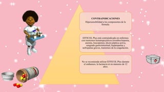CONTRAINDICACIONES
Hipersensibilidad a los componentes de la
fórmula.
EFFICOL Plus está contraindicado en enfermos
con trastornos hematopoyéticos (trombocitopenia,
anemia, leucopenia), úlcera péptica activa,
sangrado gastrointestinal, hepatopatías y
nefropatías graves, trastornos de la coagulación.
No se recomienda utilizar EFFICOL Plus durante
el embarazo, la lactancia ni en menores de 12
años.
 