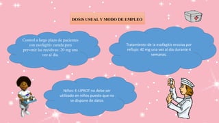 Control a largo plazo de pacientes
con esofagitis curada para
prevenir las recidivas: 20 mg una
vez al día.
Niños: E-LIPROT no debe ser
utilizado en niños puesto que no
se dispone de datos
Tratamiento de la esofagitis erosiva por
reflujo: 40 mg una vez al día durante 4
semanas.
DOSIS USUAL Y MODO DE EMPLEO
 