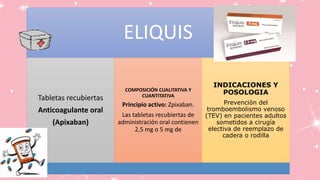 ELIQUIS
Tabletas recubiertas
Anticoagulante oral
(Apixaban)
COMPOSICIÓN CUALITATIVA Y
CUANTITATIVA
Principio activo: Zpixaban.
Las tabletas recubiertas de
administración oral contienen
2,5 mg o 5 mg de
INDICACIONES Y
POSOLOGIA
Prevención del
tromboembolismo venoso
(TEV) en pacientes adultos
sometidos a cirugía
electiva de reemplazo de
cadera o rodilla
 