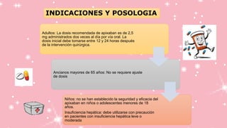 Adultos: La dosis recomendada de apixaban es de 2,5
mg administrados dos veces al día por vía oral. La
dosis inicial debe tomarse entre 12 y 24 horas después
de la intervención quirúrgica.
Ancianos mayores de 65 años: No se requiere ajuste
de dosis
Niños: no se han establecido la seguridad y eficacia del
apixaban en niños o adolescentes menores de 18
años.
Insuficiencia hepática: debe utilizarse con precaución
en pacientes con insuficiencia hepática leve o
moderada
INDICACIONES Y POSOLOGIA
 