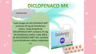 Cada Gragea de DICLOFENACO MK®
contiene 50 mg de Diclofenaco
sódico. Cada Ampolla de
DICLOFENACO MK® contiene 75 mg
de Diclofenaco sódico. Cada 100 g
de DICLOFENACO MK® GEL contiene
1 g de diclofenaco sódico; exipientes
c.s.
COMPOSICIÓN:
 