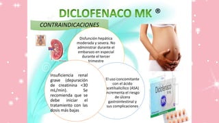 ®
CONTRAINDICACIONES
Disfunción hepática
moderada y severa. No
administrar durante el
embarazo en especial
durante el tercer
trimestre
El uso concomitante
con el ácido
acetilsalicílico (ASA)
incrementa el riesgo
de úlcera
gastrointestinal y
sus complicaciones
Insuficiencia renal
grave (depuración
de creatinina <30
mL/min). Se
recomienda que se
debe iniciar el
tratamiento con las
dosis más bajas
 