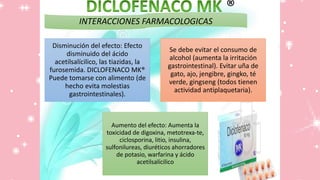 ®
INTERACCIONES FARMACOLOGICAS
Disminución del efecto: Efecto
disminuido del ácido
acetilsalícilico, las tiazidas, la
furosemida. DICLOFENACO MK®
Puede tomarse con alimento (de
hecho evita molestias
gastrointestinales).
Se debe evitar el consumo de
alcohol (aumenta la irritación
gastrointestinal). Evitar uña de
gato, ajo, jengibre, gingko, té
verde, gingseng (todos tienen
actividad antiplaquetaria).
Aumento del efecto: Aumenta la
toxicidad de digoxina, metotrexa-te,
ciclosporina, litio, insulina,
sulfonilureas, diuréticos ahorradores
de potasio, warfarina y ácido
acetilsalícilico
 
