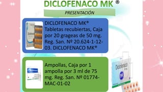 ®
PRESENTACIÓN
DICLOFENACO MK®
Tabletas recubiertas, Caja
por 20 grageas de 50 mg.
Reg. San. Nº 20.624-1-12-
03. DICLOFENACO MK®
Ampollas, Caja por 1
ampolla por 3 ml de 75
mg. Reg. San. Nº 01774-
MAC-01-02
 
