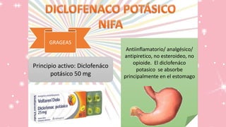 Antiinflamatorio/ analgésico/
antipiretico, no esteroideo, no
opioide. El diclofenáco
potasico se absorbe
principalmente en el estomago
GRAGEAS
Principio activo: Diclofenáco
potásico 50 mg
 