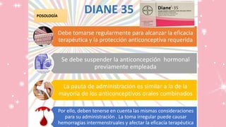 DIANE 35POSOLOGÍA
Debe tomarse regularmente para alcanzar la eficacia
terapéutica y la protección anticonceptiva requerida
Se debe suspender la anticoncepción hormonal
previamente empleada
La pauta de administración es similar a la de la
mayoría de los anticonceptivos orales combinados
Por ello, deben tenerse en cuenta las mismas consideraciones
para su administración . La toma irregular puede causar
hemorragias intermenstruales y afectar la eficacía terapéutica
 
