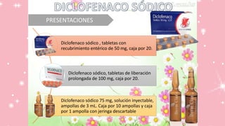 PRESENTACIONES
Diclofenaco sódico , tabletas con
recubrimiento entérico de 50 mg, caja por 20.
Diclofenaco sódico, tabletas de liberación
prolongada de 100 mg, caja por 20.
Diclofenaco sódico 75 mg, solución inyectable,
ampollas de 3 mL. Caja por 10 ampollas y caja
por 1 ampolla con jeringa descartable
 