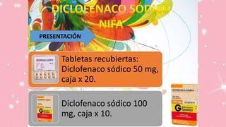 PRESENTACIÓN
Tabletas recubiertas:
Diclofenaco sódico 50 mg,
caja x 20.
Diclofenaco sódico 100
mg, caja x 10.
 