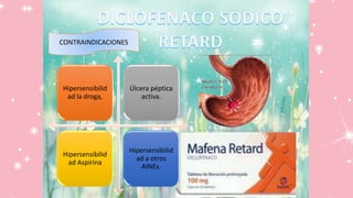 CONTRAINDICACIONES
Hipersensibilid
ad la droga,
Úlcera péptica
activa.
Hipersensibilid
ad Aspirina
Hipersensibilid
ad a otros
AINEs.
 
