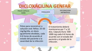Polvo para reconstruir a
solución oral: Niños: 25-50
mg/kg/día, en dosis
igualmente divididas, cada
4-6 horas de acuerdo al
estado del paciente o la
severidad de la infección
El tratamiento deberá
mantenerse por 7 a 10
días. Cápsula Dura: 500-
1000 mg cada 4-6 horas de
acuerdo con el estado del
paciente y el grado de la
infección.
POLVO CAPSULA
DURA
DICLOXACILINA
ANTIBIÓTICOPOSOLOGÍA
 