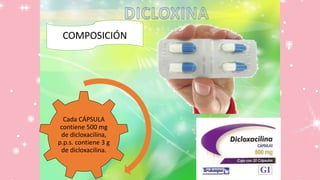 Cada CÁPSULA
contiene 500 mg
de dicloxacilina,
p.p.s. contiene 3 g
de dicloxacilina.
COMPOSICIÓN
 