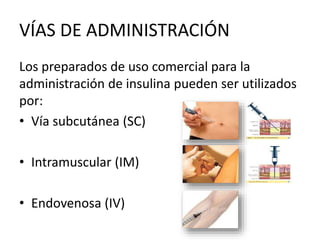 VÍAS DE ADMINISTRACIÓN
Los preparados de uso comercial para la
administración de insulina pueden ser utilizados
por:
• Vía subcutánea (SC)
• Intramuscular (IM)
• Endovenosa (IV)
 