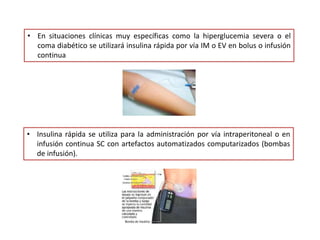 • En situaciones clínicas muy específicas como la hiperglucemia severa o el
coma diabético se utilizará insulina rápida por vía IM o EV en bolus o infusión
continua
• Insulina rápida se utiliza para la administración por vía intraperitoneal o en
infusión continua SC con artefactos automatizados computarizados (bombas
de infusión).
 