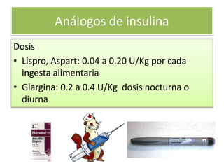 Análogos de insulina
Dosis
• Lispro, Aspart: 0.04 a 0.20 U/Kg por cada
ingesta alimentaria
• Glargina: 0.2 a 0.4 U/Kg dosis nocturna o
diurna
 