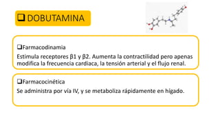 DOBUTAMINA
Farmacodinamia
Estimula receptores β1 y β2. Aumenta la contractilidad pero apenas
modifica la frecuencia cardiaca, la tensión arterial y el flujo renal.
Farmacocinética
Se administra por vía IV, y se metaboliza rápidamente en hígado.
 