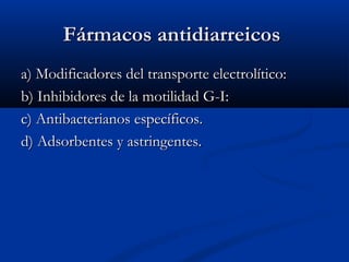 Fármacos antidiarreicosFármacos antidiarreicos
a) Modificadores del transporte electrolítico:a) Modificadores del transporte electrolítico:
b) Inhibidores de la motilidad G-I:b) Inhibidores de la motilidad G-I:
c) Antibacterianos específicos.c) Antibacterianos específicos.
d) Adsorbentes y astringentes.d) Adsorbentes y astringentes.
 