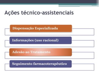 Ações técnico-assistenciais 
Dispensação Especializada 
Informações (uso racional) 
Adesão ao Tratamento 
Seguimento farmacoterapêutico 
 