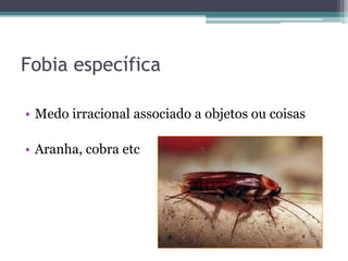 Fobia específica 
• Medo irracional associado a objetos ou coisas 
• Aranha, cobra etc 
 