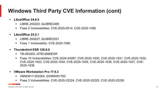 Copyright © 2025 Ivanti. All rights reserved. 34
Windows Third Party CVE Information (cont)
▪ LibreOffice 24.8.5
▪ LIBRE-250220, QLIBRE2485
▪ Fixes 2 Vulnerabilities: CVE-2025-0514, CVE-2025-1080
▪ LibreOffice 25.2.1
▪ LIBRE-250227, QLIBRE2521
▪ Fixes 1 Vulnerability: CVE-2025-1080
▪ Thunderbird ESR 128.8.0
▪ TB-250305, QTB12880ESR
▪ Fixes 10 Vulnerabilities: CVE-2024-43097, CVE-2025-1930, CVE-2025-1931, CVE-2025-1932,
CVE-2025-1933, CVE-2025-1934, CVE-2025-1935, CVE-2025-1936, CVE-2025-1937, CVE-
2025-1938
▪ VMware Workstation Pro 17.6.3
▪ VMWW17-250304, QVMWW1763
▪ Fixes 3 Vulnerabilities: CVE-2025-22224, CVE-2025-22225, CVE-2025-22226
 