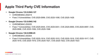 Copyright © 2025 Ivanti. All rights reserved. 37
Apple Third Party CVE Information
▪ Google Chrome 133.0.6943.127
▪ CHROMEMAC-250219
▪ Fixes 3 Vulnerabilities: CVE-2025-0999, CVE-2025-1006, CVE-2025-1426
▪ Google Chrome 133.0.6943.142
▪ CHROMEMAC-250225
▪ Fixes 7 Vulnerabilities: CVE-2025-0445, CVE-2025-0451, CVE-2025-0995, CVE-2025-0997, CVE-
2025-0998, CVE-2025-1006, CVE-2025-1566
▪ Google Chrome 134.0.6998.45
▪ CHROMEMAC-250304
▪ Fixes 9 Vulnerabilities: CVE-2025-1914, CVE-2025-1915, CVE-2025-1916, CVE-2025-1917, CVE-
2025-1918, CVE-2025-1919, CVE-2025-1921, CVE-2025-1922, CVE-2025-1923
 