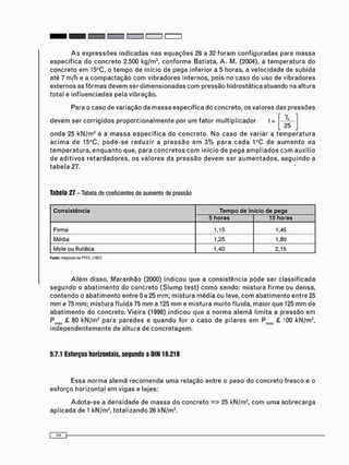 A s e x p r e s s õ e s i n d i c a d a s nas e q u a ç õ e s 28 a 32 f o r a m c o n f i g u r a d a s para m a s s a
e s p e c í f i c a do c o n c r e t o 2.500 kg/m3 , c o n f o r m e Batista, A . M. (2004), a t e m p e r a t u r a do
c o n c r e t o e m 15°C, o t e m p o de início de pega inferior a 5 horas, a v e l o c i d a d e de s u b i d a
até 7 m / h e a c o m p a c t a ç ã o c o m v i b r a d o r e s internos, pois no caso do uso de vibradores
externos as f ô r m a s d e v e m ser d i m e n s i o n a d a s c o m pressão hidrostática atuando na altura
t o t a l e i n f l u e n c i a d a s pela vibração.
Para o caso de variação da m a s s a específica do concreto, os valores das p r e s s õ e s
d e v e m ser c o r r i g i d o s p r o p o r c i o n a l m e n t e por u m fator m u l t i p l i c a d o r f = —
2 5
o n d e 25 k N / m 3 é a m a s s a e s p e c í f i c a do c o n c r e t o . N o c a s o de variar a t e m p e r a t u r a
a c i m a de 15°C, p o d e - s e r e d u z i r a p r e s s ã o e m 3 % p a r a c a d a 1°C de a u m e n t o na
t e m p e r a t u r a , e n q u a n t o que, para c o n c r e t o s c o m início de p e g a a m p l i a d o s c o m auxílio
de a d i t i v o s r e t a r d a d o r e s , os v a l o r e s da p r e s s ã o d e v e m ser a u m e n t a d o s , s e g u i n d o a
t a b e l a 27.
Tabela 27 - Tabela de coeficientes de aumento de pressão
Consistência Tempo de início de pega
Consistência
5 horas 15 horas
Firme 1,15 1,45
Média 1,25 1,80
Mole ou fluídica 1,40 2,15
Fonte: Adaptado de PFEIL (1987)
A l é m disso, M a r a n h ã o (2000) i n d i c o u que a c o n s i s t ê n c i a pode ser c l a s s i f i c a d a
s e g u n d o o a b a t i m e n t o do c o n c r e t o ( S l u m p test) c o m o sendo: m i s t u r a f i r m e ou densa,
c o n t e n d o o a b a t i m e n t o entre 0 e 25 m m ; m i s t u r a m é d i a ou leve, c o m a b a t i m e n t o e n t r e 25
m m e 75 m m ; m i s t u r a f l u i d a 75 m m a 125 m m e m i s t u r a m u i t o fluida, maior que 125 m m de
a b a t i m e n t o do concreto. V i e i r a (1998) i n d i c o u que a n o r m a a l e m ã limita a pressão e m
Pm a x £ 80 k N / m 2 p a r a p a r e d e s e q u a n d o for o c a s o de pilares e m Pm a x £ 100 kN/m2 ,
i n d e p e n d e n t e m e n t e de altura de c o n c r e t a g e m .
5.7.1 Esforços horizontais, segundo a DIN 18.218
Essa n o r m a a l e m ã r e c o m e n d a u m a relação entre o p e s o do c o n c r e t o f r e s c o e o
e s f o r ç o horizontal e m vigas e lajes:
A d o t a - s e a d e n s i d a d e de m a s s a do c o n c r e t o = > 25 kN/m3 , c o m u m a s o b r e c a r g a
aplicada de 1 kN/m3 , t o t a l i z a n d o 26 kN/m3 .
 