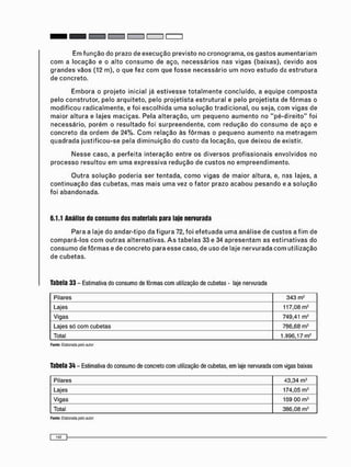 Em f u n ç ã o do prazo de execução previsto no c r o n o g r a m a , os g a s t o s a u m e n t a r i a m
c o m a locação e o alto c o n s u m o de aço, n e c e s s á r i o s nas vigas (baixas), devido a o s
g r a n d e s vãos (12 m), o que fez c o m que f o s s e n e c e s s á r i o u m novo e s t u d o da e s t r u t u r a
de concreto.
E m b o r a o p r o j e t o inicial já e s t i v e s s e t o t a l m e n t e concluído, a e q u i p e c o m p o s t a
pelo c o n s t r u t o r , pelo arquiteto, pelo p r o j e t i s t a e s t r u t u r a l e pelo p r o j e t i s t a de f ô r m a s o
m o d i f i c o u r a d i c a l m e n t e , e foi e s c o l h i d a u m a s o l u ç ã o tradicional, ou seja, c o m vigas de
maior altura e lajes m a c i ç a s . Pela alteração, u m p e q u e n o a u m e n t o no " p é - d i r e i t o " foi
necessário, porém o r e s u l t a d o foi s u r p r e e n d e n t e , c o m r e d u ç ã o do c o n s u m o de aço e
c o n c r e t o da o r d e m de 24%. C o m relação às f ô r m a s o p e q u e n o a u m e n t o na m e t r a g e m
q u a d r a d a j u s t i f i c o u - s e pela d i m i n u i ç ã o do c u s t o da locação, que deixou de existir.
N e s s e caso, a p e r f e i t a i n t e r a ç ã o entre os d i v e r s o s p r o f i s s i o n a i s envolvidos no
p r o c e s s o r e s u l t o u em u m a expressiva r e d u ç ã o de c u s t o s no e m p r e e n d i m e n t o .
O u t r a s o l u ç ã o poderia ser tentada, c o m o vigas de maior altura, e, nas lajes, a
c o n t i n u a ç ã o d a s cubetas, m a s mais u m a vez o f a t o r prazo a c a b o u p e s a n d o e a s o l u ç ã o
foi abandonada.
6.1.1 Análise do consumo dos materiais para laje nervurada
Para a laje do a n d a r - t i p o da f i g u r a 72, foi e f e t u a d a u m a análise de c u s t o s a f i m de
c o m p a r á - l o s c o m o u t r a s alternativas. A s t a b e l a s 33 e 34 a p r e s e n t a m as e s t i m a t i v a s do
c o n s u m o de f ô r m a s e de c o n c r e t o para esse caso, de uso de laje nervurada c o m utilização
de c u b e t a s .
Tabela 33 - Estimativa do consumo de fôrmas com utilização de cubetas - laje nervurada
Pilares 343 m 2
Lajes 117,08 m 2
Vigas 749,41 m2
Lajes só c o m cubetas 786,68 m2
Total 1.996,17 m2
Fonte: Elaborada peto autor
Tabela 34 - Estimativa do consumo de concreto com utilização de cubetas, em laje nervurada com vigas baixas
Pilares 43,34 m 3
Lajes 174,05 m 3
Vigas 169 00 m 3
Total 386,08 m 3
Fonte: Elaborada peto auior
 