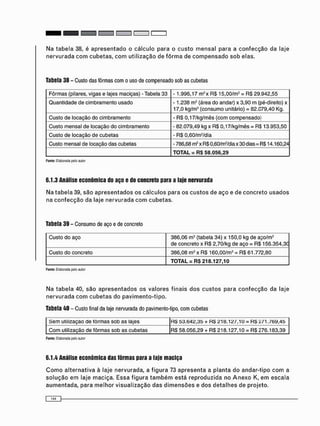 Tabela 38 - Custo das fôrmas com o uso de compensado sob as cubetas
Fôrmas (pilares, vigas e lajes maciças) - Tabela 33 - 1.996,17 m 2 x R$ 15,00/m2 = RS 29.942,55
Quantidade de cimbramento usado - 1.238 m2 (área do andar) x 3,90 m (pé-direito) x
17,0 kg/m3 (consumo unitário) = 82.079,40 Kg.
Custo de locação do cimbramento - R$ 0,17/kg/mês (com compensado)
Custo mensal de locação do cimbramento - 82.079,49 kg x R$ 0,17/kg/mês = RS 13.953,50
Custo de locação de cubetas - R$ 0,60/m2 /dia
Custo mensal de locação das cubetas - 786,68 n f x R S 0,60/m2/dia x 30 dias = RS 14.160,24
T O T A L = RS 58.056,29
Fonte: Elaborada pelo aulor
6.1.3 Análise econômica do aço e do concreto para a laje nervurada
N a t a b e l a 39, s ã o a p r e s e n t a d o s o s c á l c u l o s p a r a o s c u s t o s d e a ç o e d e c o n c r e t o u s a d o s
n a c o n f e c ç ã o d a l a j e n e r v u r a d a c o m c u b e t a s .
Tabela 39 - Consumo de aço e de concreto
Custo do aço 386,06 m3 (tabela 34) x 150,0 kg de a?o/m3
de concreto x RS 2,70/kg de aço = R$ 156.354,3C
Custo do concreto 386,08 m3 x RS 160,00/m3 = RS 61.772,80
T O T A L = RS 218.127,10
Fonte: Elaborada pelo aulor
N a t a b e l a 40, s ã o a p r e s e n t a d o s o s v a l o r e s f i n a i s d o s c u s t o s p a r a c o n f e c ç ã o d a l a j e
n e r v u r a d a c o m c u b e t a s d o p a v i m e n t o - t i p o .
Tabela 40 - Custo final da laje nervurada do pavimento-tipo, com cubetas
Sem utilizaçao de fôrmas sob as lajes H$ 53.642,35 + H$ 218.127,10 = H$ 271.769,45
C o m utilização de fôrmas sob as cubetas RS 58.056,29 + RS 218.127,10 = RS 276.183,39
Fonte: Elaborada pelo autor
6.1.4 Análise econômica das fôrmas para a laje maciça
C o m o a l t e r n a t i v a à l a j e n e r v u r a d a , a f i g u r a 73 a p r e s e n t a a p l a n t a d o a n d a r - t i p o c o m a
s o l u ç ã o e m l a j e m a c i ç a . E s s a f i g u r a t a m b é m e s t á r e p r o d u z i d a n o A n e x o K, e m e s c a l a
a u m e n t a d a , p a r a m e l h o r v i s u a l i z a ç ã o d a s d i m e n s õ e s e d o s d e t a l h e s d e p r o j e t o .
 