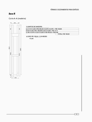 C o r t e A - A ( m a d e i r a )
I) GARFOS DE MADEIRA
a) 2 X 9 X 3,00 X RS 450,00 X 0,075 X 0,075 = RS 136.69
b)18 X 0.35 X R$ 450.00X 0 20 X 0.025 = R$ 14.17
Ic) 36 X 0.075 X 0.20 X 0.025 X R$ 450.00 = R$ 6,08 "
TOTAL= RS 156.94
d) GIRO RS 156.94 =1,36 MESES
115.46
 