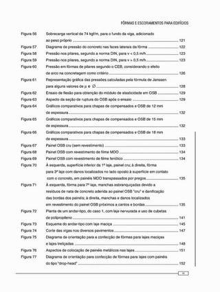 Figura 56 Sobrecarga vertical de 74 kgf/m, para o fundo da viga, adicionado
ao peso próprio 121
Figura 57 Diagrama de pressão do concreto nas faces laterais da fôrma 122
Figura 58 Pressão nos pilares, segundo a norma DIN, para v < 0,5 m/h 123
Figura 59 Pressão nos pilares, segundo a norma DIN, para v > 0,5 m/h 123
Figura 60 Pressão e m fôrmas de pilares segundo o CEB, considerando o efeito
de arco na concretagem como critério 126
Figura 61 Representação gráfica das pressões calculadas pela fórmula de Janssen
para alguns valores de fi e 0 128
Figura 62 Ensaio de flexão para obtenção do módulo de elasticidade em O S B 129
Figura 63 Aspecto da seção de ruptura do O S B após o ensaio 129
Figura 64 Gráficos comparativos para chapas de c o m p e n s a d o s e O S B de 12 m m
de espessura 132
Figura 65 Gráficos comparativos para chapas de c o m p e n s a d o s e O S B de 15 m m
de espessura 132
Figura 66 Gráficos comparativos para chapas de c o m p e n s a d o s e O S B de 18 m m
de espessura 133
Figura 67 Painel O S B cru (sem revestimento) 133
Figura 68 Painel O S B c o m revestimento de filme M D O 134
Figura 69 Painel O S B c o m revestimento de filme fenólico 134
Figura 70 À esquerda, superfície inferior da 1ê laje, painel cru; à direita, fôrma
para 3o laje c o m danos localizados no lado oposto à superfície e m contato
c o m o concreto, e m painéis M D O transpassados por pregos 135
Figura 71 À esquerda, fôrma para 7a laje, m a n c h a s esbranquiçadas devido a
resíduos de nata de concreto aderida ao painel O S B "cru" e danificação
das bordas dos painéis; à direita, m a n c h a s e danos localizados
e m revestimento do painel O S B próximos a cantos e bordas 135
Figura 72 Planta de u m andar-tipo, do caso 1, c o m laje nervurada e uso de cubetas
de polipropileno 141
Figura 73 Esquema do andar-tipo c o m laje maciça 145
Figura 74 Corte das vigas nos diversos pavimentos 147
Figura 75 Diagrama de orientação para a confecção de fôrmas para lajes maciças
e lajes treliçadas 148
Figura 76 Aspectos de colocação de painéis metálicos nas lajes 151
Figura 77 Diagrama de orientação para confecção de fôrmas para lajes c o m painéis
do tipo "drop-head" 152
 