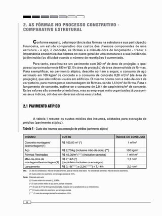 2. AS FÔRMAS NO PROCESSO CONSTRUTIVO -
COMPARATIVO ESTRUTURAL
C o n f o r m e exposto, pela i m p o r t â n c i a d a s f ô r m a s na e s t r u t u r a e sua participação
f i n a n c e i r a , u m e s t u d o c o m p a r a t i v o d o s c u s t o s d o s d i v e r s o s c o m p o n e n t e s de u m a
e s t r u t u r a - o aço, o c o n c r e t o , as f ô r m a s e a m ã o - d e - o b r a de l a n ç a m e n t o - t r a d u z a
i m p o r t â n c i a e c o n ô m i c a das f ô r m a s no c u s t o geral de u m a e s t r u t u r a e a sua incidência,
já d i m i n u í d a (ou diluída) q u a n d o o n ú m e r o de r e p e t i ç õ e s é a u m e n t a d o .
Para tanto, e s c o l h e u - s e u m p a v i m e n t o c o m 300 m2 de área de projeção, o qual
possui a p r o x i m a d a m e n t e 630 m2 (2,10 x área de projeção) de área desenvolvida de f ô r m a s .
Para exemplificar, no p a v i m e n t o atípico, d e s c r i t o no item a seguir, o c o n s u m o de a ç o
e s t i m a d o e m 100 kg/m3 de c o n c r e t o e o c o n s u m o de c o n c r e t o 0,20 m3 /m2 (de área de
projeção), que são índices u s u a i s e m edifícios. O m e s m o ocorre c o m a m ã o - d e - o b r a de
carpinteiro, para m o n t a g e m e d e s m o n t a g e m de f ô r m a s , sendo 1,5 h/m2 de fôrma. Para o
l a n ç a m e n t o de concreto, e s t i m a - s e o c o n s u m o de 2,0 h de c a r p i n t e i r o / m 3 de concreto.
Estes valores são s o m e n t e orientativos, m a s as e m p r e s a s mais o r g a n i z a d a s já p o s s u e m
os s e u s índices, o b t i d o s e m d i v e r s a s o b r a s executadas.
2.1 PAVIMENTO ATÍPICO
A t a b e l a 1 r e s u m e os c u s t o s m é d i o s d o s i n s u m o s , a d o t a d o s para execução de
prédios ( p a v i m e n t o atípico).
Tabela 1 - Custo dos insumos para execução de prédios (pavimento atípico)
INSUMO CUSTO ÍNDICE DE CONSUMO
Concreto montagem/
d e s m o n t a g e m ( l )
RS 160,00 m 3 (•) 1 n f / m 3
Aço RS 2,70/kg (inclusive mão-de-obra) ( " ) 100 kg/m3
Fôrmas Resinadas RS 45,00/m2 ( * " ) (inclusive sarrafos) 1 nv/1m2
Mão-de-obra de
montagem/desmontagem(1)
RS 7,14/h (2)
(carpinteiro inclusive os encargos)
1,5 n/m2
Lançamento RS 3 , 1 9 ( ™ ) X 2,24(*****) = 7,14/h 2,0 n/m3
Obs.: (1) Náo foi considerada a máo-fc-obra de serventes, p o s se trata te andar baixo. Fcx considerada somente a máo-de-obra de carpinteiros.
(2) Custo unitário <*> carpinteiro, com encargos sócias de 12-4%.
Fonte: Elaborada pelo a u t o
(•) O custo unitário do concreto I., 25 MPa.
( " ) O custo unitário médio do aço pronto, cortado e dobrado.
( " • ) O custo do mJ da forma pronta (resinada}, inclusive com o sarraleamento e os ombramentos.
(••••} O custo unitário do carpinteiro, sem encargos sociais.
( ) 0 custo dos encargos sócias foi estimado em 124%.
 