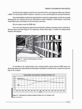 A s propriedades m e c â n i c a s a s s e m e l h a m - s e às do c o m p e n s a d o , c o n f o r m e se pode
d e m o n s t r a r e m e n s a i o s f e i t o s e m l a b o r a t ó r i o n e s t e trabalho, c o n f i r m a n d o a sua total
v i a b i l i d a d e para utilização e m f ô r m a s para concreto.
O s principais u s o s do O S B são:
Forro e m e s t r u t u r a s de c o b e r t u r a s de telhado, paletes, paredes, pisos, mobiliário,
f ô r m a s para c o n c r e t o ( f i g u r a 17), t a p u m e s , a l m a s para viga I, e t o d o s os s u b p r o d u t o s
d e s s a s utilizações.
Figura 17 - Painéis de OSB utilizados em fôrmas
Fonte: Portal OSB (2005)
A t e n d ê n c i a de s u b s t i t u i ç ã o d o s c o m p e n s a d o s p e l a s p l a c a s O S B pode ser
d e m o n s t r a d a pela c a p a c i d a d e de p r o d u ç ã o i n s t a l a d a m u n d i a l m e n t e , c o n f o r m e m o s t r a a
f i g u r a 18, a seguir.
30
25
20
15
10
5
0
Figura 18 - Capacidade de produção instalada (milhões de m1
) no Canadá e USA
Fonte: Portal OSB (2005)
Capacidade de produção instalada (milhões m3
)
—
90 91 92 93 94 95 96 97 98 99 00 01 02 03 04 05 06
Anos
 