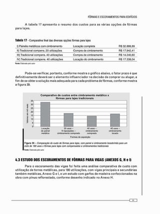 Tabela 17 - Comparativa final das diversas opções fôrmas para lajes
I) Painéis metálicos c o m cimbramento Locação completa R$ 32.888,89
II) Tradicional compens. 2 0 utilizações C o m p r a de cimbramento R$17.942,41
III) Tradicional compens. 4 0 utilizações C o m p r a de cimbramento R $ 1 4 . 2 4 0 , 6 0
IV) Tradicional compens. 40 utilizações Locação do cimbramento R $ 1 7 . 3 3 8 , 0 4
Fonte: Elaborada pelo autor
P o d e - s e verificar, portanto, c o n f o r m e m o s t r a o g r á f i c o abaixo, o f a t o r prazo é que
d e f i n i t i v a m e n t e deverá ser o e l e m e n t o i n f l u e n c i a d o r na d e c i s ã o de c o m p r a r ou alugar, a
f i m de se obter a s o l u ç ã o mais a d e q u a d a para cada p r o b l e m a de f ô r m a s , c o n f o r m e mostra
a f i g u r a 39.
35
30
25
20
15
o 1 0
2
Comparativo de custos entre cimbramento metálico x
fôrmas para lajes tradicionais
Locação 20 usos - 40 usos -
de painel 9 reposições - cimbramento
metálico cimbramento comprado comprado
Formas de aquisição
40 usos -
cimbramento
locado
Figura 39 - Comparação do custo de (ôrmas para lajes, com painel e cimbramento locado/mês para um
ciclo de 180 usos x fôrmas para lajes com compensados e cimbramentos tradicionais
Fonte: Elaborada pelo autor
4.3 ESTUDO DOS ESCORAMENTOS DE FÔRMAS PARA VIGAS (ANEXOS G, H e I)
Para o e s c o r a m e n t o das vigas foi f e i t a u m a análise c o m p a r a t i v a de c u s t o c o m
utilização de t o r r e s metálicas, para 180 utilizações, c o m vigas principais e s e c u n d á r i a s
t a m b é m metálicas, A n e x o G e I, e um e s t u d o c o m g a r f o s de m a d e i r a c o n f e c c i o n a d o s na
obra c o m pinus reflorestado, c o n f o r m e d e s e n h o i n d i c a d o no A n e x o H.
 
