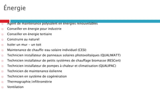 Énergie
 Agent de maintenance polyvalent en énergies renouvelables
 Conseiller en énergie pour industrie
 Conseiller en énergie tertiaire
 Construire au naturel
 Isoler un mur - un toit
 Maintenance de chauffe-eau solaire individuel (CESI)
 Technicien installateur de panneaux solaires photovoltaïques (QUALIWATT)
 Technicien installateur de petits systèmes de chauffage biomasse (RESCert)
 Technicien installateur de pompes à chaleur et climatisation (QUALIPAC)
 Technicien de maintenance éolienne
 Technicien en système de cogénération
 Thermographie/infiltrométrie
 Ventilation
 