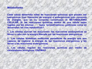 Metabolismo Cada célula desarrolla miles de reacciones químicas que pueden ser exergónicas (con liberación de energía) o endergónicas (con consumo de energía), que en su conjunto constituyen el METABOLISMO CELULAR. Si las reacciones químicas dentro de una célula están regidas por las mismas  leyes  termodinámicas ¿entonces cómo se desarrollan las vías metabólicas? 1. Las células asocian las reacciones: las reacciones endergónicas se llevan a cabo con la energía liberada por las reacciones exergónicas. 2.  Las células sintetizan moléculas portadoras de energía que son capaces de capturar la energía de las reacciones exergónicas y las llevan a las reacciones endergónicas. 3. Las células regulan las reacciones químicas por medio de catalizadores biológicos: ENZIMAS 