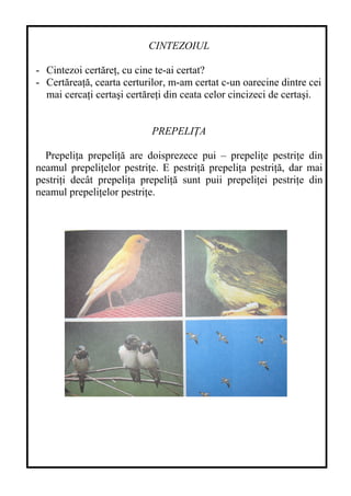 CINTEZOIUL
- Cintezoi certăreţ, cu cine te-ai certat?
- Certăreaţă, cearta certurilor, m-am certat c-un oarecine dintre cei
mai cercaţi certaşi certăreţi din ceata celor cincizeci de certaşi.
PREPELIŢA
Prepeliţa prepeliţă are doisprezece pui – prepeliţe pestriţe din
neamul prepeliţelor pestriţe. E pestriţă prepeliţa pestriţă, dar mai
pestriţi decât prepeliţa prepeliţă sunt puii prepeliţei pestriţe din
neamul prepeliţelor pestriţe.
 