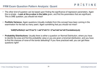 FRM Exam Question Pattern Analysis: Quant

  • The other kind of question can be based upon finding the significance of regression parameters. Again
    this is simple – Look at the p-value in the table given, and find the parameters that are significant.
    This is ONE question, you should not miss!!

  • Portfolio Variance: Again questions (Usually multiple) from this concept have been coming in the
    examination for the last so many years. Again something that you should not miss!!

             VaR(Portfolio)= wa^2*σa^2 + wb^2*σb^2 + 2*wa*wb*σa*σb*Corelation(a,b)

  • Probability Distributions: Usually there is either a question on Normal Distribution, where you have
    to identify the area and find the probability value or you are given a binomial distribution, and you have
    to find the chances of none-of the bonds defaulting!! If you have practiced well, you can get these
    questions right!!




© Neev Knowledge Management – Pristine                 25                                     www.edupristine.com
 