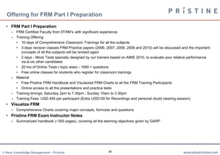 Offering for FRM Part I Preparation
  • FRM Part I Preparation
     – FRM Certified Faculty from IIT/IIM’s with significant experience
     – Training Offering
       • 10 days of Comprehensive Classroom Trainings for all the subjects.
       • 3 days revision classes FRM Practice papers (2006, 2007, 2008, 2009 and 2010) will be discussed and the important
          concepts of all the subjects will be revised again
       • 2 days - Mock Tests specially designed by our trainers based on AIMS 2010, to evaluate your relative performance
          vis-à-vis other candidates
       • 20 hrs of Online Tests ( topic wise) - 1000 + questions
       • Free online classes for students who register for classroom trainings
     – Material
       • Free Pristine FRM Handbook and Visulaized FRM Charts to all the FRM Training Participants
       • Online access to all the presentations and practice tests
     – Training timings: Saturday 2pm to 7.30pm ; Sunday 10am to 3.30pm
     – Training Fees: USD 495 per participant (Extra USD100 for Recordings and personal doubt clearing session)
  • Visualize FRM
     – Comprehensive Charts covering major concepts, formulas and questions
  • Pristine FRM Exam Instructor Notes
     – Summarized handbook (~300 pages), covering all the learning objectives given by GARP




© Neev Knowledge Management – Pristine                        36                                          www.edupristine.com
 