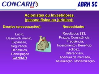 Acionistas ou Investidores  (pessoa física ou jurídica):   Desejos (preocupações):  Necessidades : Lucro, Desenvolvimento,  Expansão,  Segurança,  Benefícios, Participação GANHAR Resultados $$$,  Prazos, Consistência, Freqüência, Investimento / Benefício,  solidez,  Diferenciais, Abertura de mercado, Atualização, Modernização 
