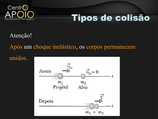 Tipos de colisão
Atenção!
Após um choque inelástico, os corpos permanecem
unidos.
 