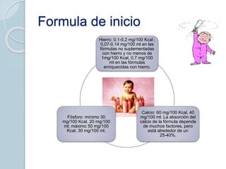Formula de inicio
Hierro: 0,1-0,2 mg/100 Kcal ;
0,07-0,14 mg/100 ml en las
fórmulas no suplementadas
con hierro y no menos de
1mg/100 Kcal, 0,7 mg/100
ml en las fórmulas
enriquecidas con hierro.
Calcio: 60 mg/100 Kcal, 40
mg/100 ml. La absorción del
calcio de la fórmula depende
de muchos factores, pero
está alrededor de un
25-40%.
Fósforo: mínimo 30
mg/100 Kcal, 20 mg/100
ml; máximo 50 mg/100
Kcal, 30 mg/100 ml.
 