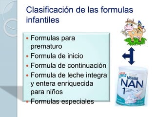 Clasificación de las formulas
infantiles
 Formulas para
prematuro
 Formula de inicio
 Formula de continuación
 Formula de leche integra
y entera enriquecida
para niños
 Formulas especiales
 