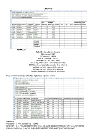 EJERCICIOS:
FORMULAS:
SUELDO = días laborales X salario
ISSS = sueldo X 3.1%
FSV = sueldo X 2.857%
RENTA = sueldo X 1.7663%
DESCUENTOS = isss + fsv + renta
TOTAL LIQUIDO = sueldo - sumatoria descuentos
TOTALES = la suma de todos los datos de la columna
MAXIMO = el valor máximo de la columna
MINIMO = el valor mínimo de la columna
PROMEDIO = el valor promedio de la columna
Ahora nos trasladaremos a la HOJA2 y digitamos el siguiente cuadro:
FORMULAS
PROMEDIO = EL PROMEDIO DE LAS 4 NOTAS
CONDICION = SI EL PROMEDIO ES MAYOR O IGUAL A 6, ENTONCES SERA APROBADO SINO SERA REPROBADO
REGALO = SI LA NOTA2 ES MAYOR QUE 6, ENTONCES SERA "SE LO GANO" SINO "A LA PROXIMA”
 