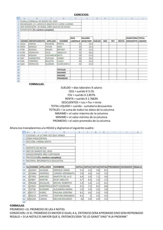 EJERCICIOS:
FORMULAS:
SUELDO = días laborales X salario
ISSS = sueldo X 3.1%
FSV = sueldo X 2.857%
RENTA = sueldo X 1.7663%
DESCUENTOS = isss + fsv + renta
TOTAL LIQUIDO = sueldo - sumatoria descuentos
TOTALES = la suma de todos los datos de la columna
MAXIMO = el valor máximo de la columna
MINIMO = el valor mínimo de la columna
PROMEDIO = el valor promedio de la columna
Ahoranos trasladaremosala HOJA2 y digitamosel siguiente cuadro:
FORMULAS
PROMEDIO = EL PROMEDIO DE LAS 4 NOTAS
CONDICION =SI EL PROMEDIO ES MAYOR O IGUAL A 6, ENTONCESSERA APROBADOSINOSERA REPROBADO
REGALO = SILA NOTA2 ES MAYOR QUE 6, ENTONCESSERA "SE LO GANO"SINO"A LA PROXIMA”
 