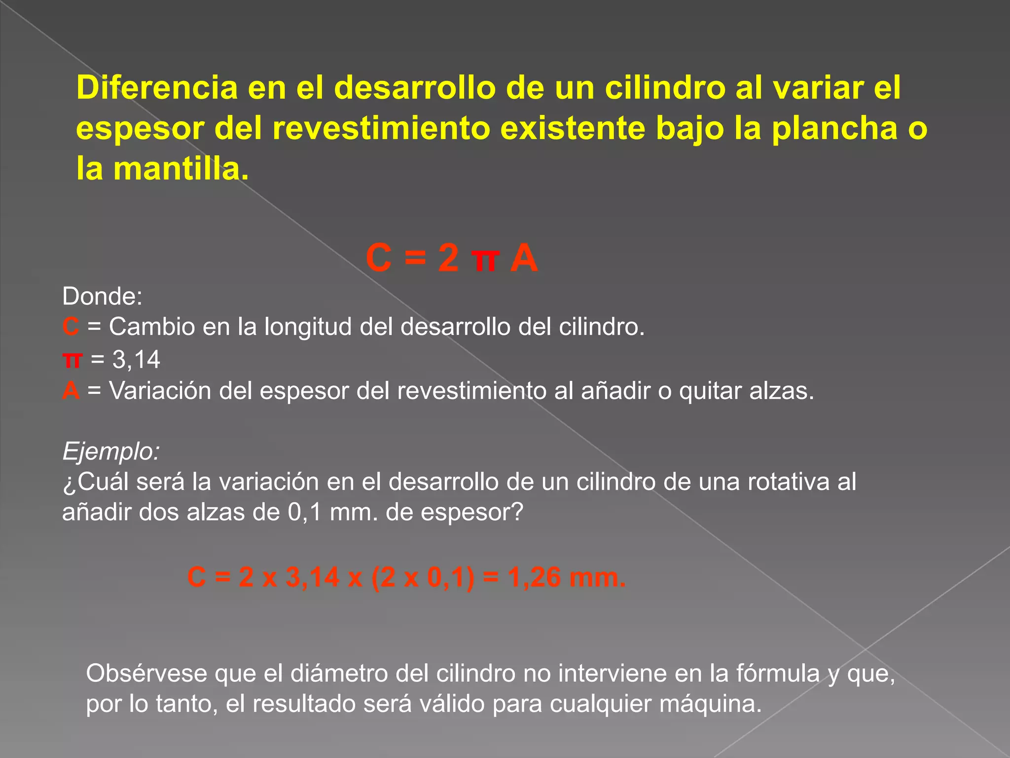 	Diferencia en el desarrollo de un cilindro al variar el espesor del revestimiento existente bajo la plancha o la mantilla.C = 2 π ADonde:C = Cambio en la longitud del desarrollo del cilindro.π= 3,14A = Variación del espesor del revestimiento al añadir o quitar alzas.Ejemplo:¿Cuál será la variación en el desarrollo de un cilindro de una rotativa al añadir dos alzas de 0,1 mm. de espesor?   C = 2 x 3,14 x (2 x 0,1) = 1,26 mm.Obsérvese que el diámetro del cilindro no interviene en la fórmula y que, por lo tanto, el resultado será válido para cualquier máquina.