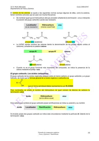 I.E.S. Pedro Mercedes                                                                             Curso 2009-2010
Departamento de Física y Química

El nombre de las cetonas se ajusta a las siguientes normas aunque algunas de ellas, como la acetona,
tienen nombres comunes que se usan con mucha frecuencia:
        Se nombran igual que el hidrocarburo del que proceden añadiendo la terminación –ona e indicando
        la posición del grupo carbonilo cuando sea necesario.


                       Localizador             Hidrocarburo             ona
                     (si es necesario)       (menos vocal final)


                        O                    O                                          O
                        C                                                                      CH3
                 H3C         CH3 o H3C            CH3                            H3C

                     propanona (acetona)                                             2-butanona
        La IUPAC admite nombrar las cetonas dando la denominación de los grupos alquilo unidos al
        carbonilo y añadiendo la palabra cetona


                            grupo R                      grupo R’                 cetona

                                  O                                              O
                                          CH3
                            H3C                                          H3C           CH3

                            etilmetilcetona                                  dimetilcetona
        Cuando no es el grupo funcional más importante del compuesto, se indica la presencia de la
        cetona mediante el prefijo –oxo.

El grupo carboxilo. Los ácidos carboxílicos.
El grupo carboxilo de los ácidos orgánicos contiene sobre el mismo carbono un grupo carbonilo y un grupo
hidroxilo, de modo que la fórmula general de un ácido orgánico o carboxílico es
               O
        R   C
                OH       que en forma semidesarrollada representamos por R–COOH

Para nombrarlos se añade al nombre del hidrocarburo de igual número de átomos de carbono la
terminación –oico

                       ácido                Hidrocarburo                        oico
                                          (sin la última vocal)

Si la cadena que contiene el grupo carboxilo posee ramificaciones se indica su posición y su nombre

         ácido         Localizador        Ramificación            Hidrocarburo          oico


Si el ácido posee dos grupos carboxilo se indica esta circunstancia mediante la partícula di- delante de la
terminación –oico




                                         Fórmulas de compuestos orgánicos                                       10
                                          Física y Química 1º Bachillerato
 