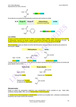 I.E.S. Pedro Mercedes                                                                                Curso 2009-2010
Departamento de Física y Química

                                      O
                        H3C       C
                                      NH          N-metiletanamida

                            H3C
Si se trata de una amida N.N-disustituida la estructura del nombre es similar

            N, N- Grupo R             Grupo R’                Hidrocarburo                 amida
                                                          (menos la vocal final)

                                      O
                        H3C
                                      N                         N,N-fenilmetiletanamida
                              H3C

Los nitrilos
El grupo funcional característico de los nitrilos es el grupo ciano o nitrilo, –CΞN, razón por la que también
se denominan cianuros de alquilo: pueden considerarse derivados del ácido cianhídrico, H–CΞN, al
sustituir el átomo de hidrógeno por un grupo alquílico; por tanto su fórmula general es R–CN

Para nombrarlos basta con añadir al nombre del hidrocarburo de igual número de átomos de carbono la
terminación –nitrilo

                                      Hidrocarburo                        nitrilo

                                                                         H3C

                                               CH C      N                       CH C     N

        H3C    C    N              H3C      CH                           H3C

       Etanonitrilo                   2-butenonitrilo                          metilpropanonitrilo
También pueden ser nombrados como cianuros de alquilo escribiendo tras la palabra cianuro el nombre del
grupo alquilo unido al nitrilo

                            Cianuro de                    Grupo alquilo

                                                                            CH C      N
                H3C     C     N                                 H3C     CH

            Cianuro de metilo                                Cianuro de 1-propenilo

                                                       H3C
                Cianuro de 2-propilo                         CH C       N
                (o cianuro de isopropilo)
                                                       H3C


Nitroderivados
Existe un grupo de compuestos orgánicos cuya característica común consiste en que                         todos ellos
contienen el grupo nitro –NO2, son los nitroderivados o nitrocompuestos.

El nombre de los nitrocompuestos o nitroderivados se forma con el prefijo nitro-, indicando numéricamente
la posición que ocupa cuando sea necesario.


                                           Fórmulas de compuestos orgánicos                                        14
                                            Física y Química 1º Bachillerato
 